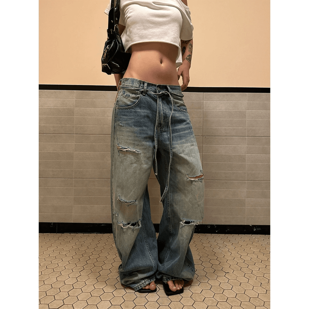 아메리칸 레트로 워싱 고양이 반드시 찢어진 부분 모통이 칼 청바지 남녀 루즈핏 리본 디자인 슬림해 보이는 긴 바지 상세 이미지 1