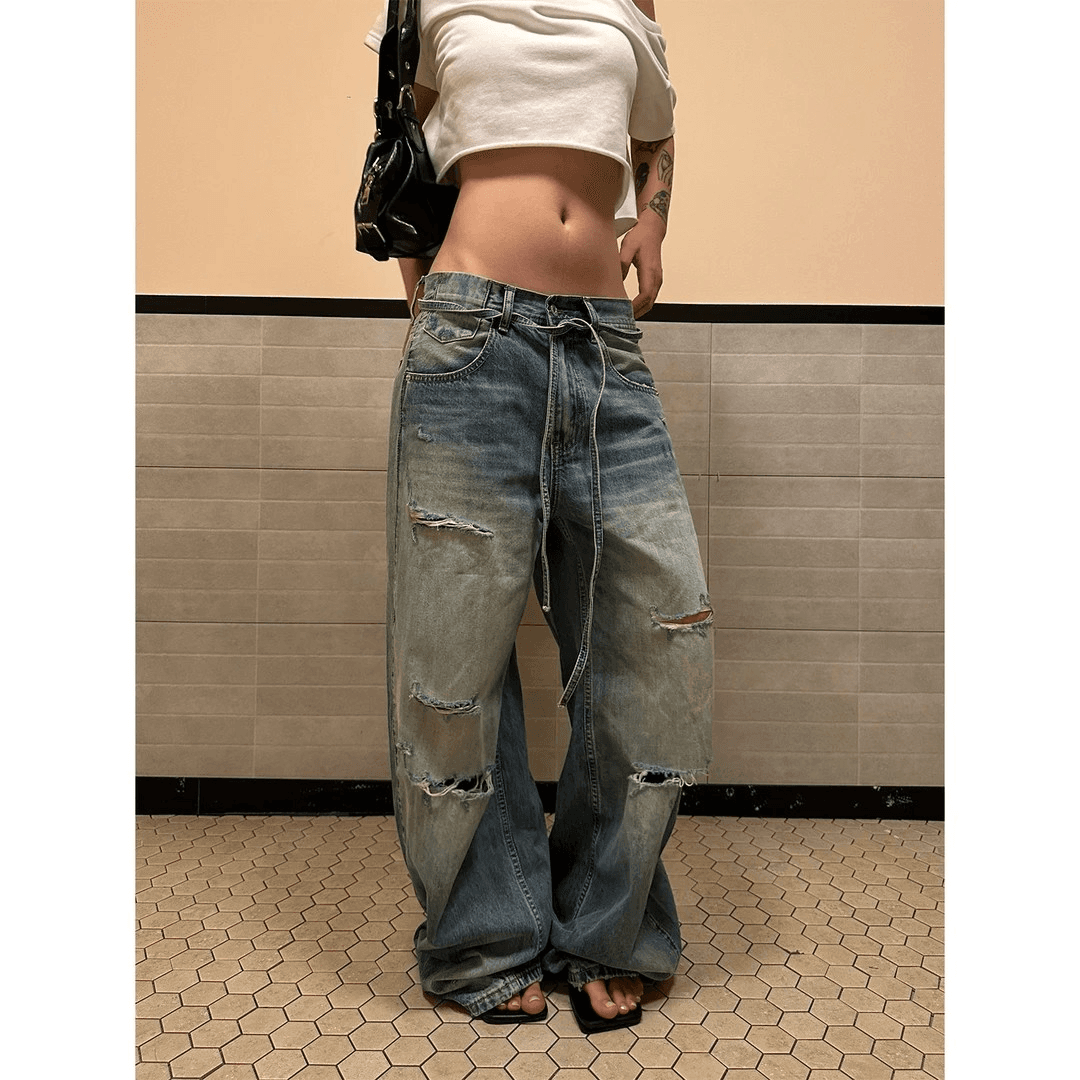 아메리칸 레트로 워싱 고양이 반드시 찢어진 부분 모통이 칼 청바지 남녀 루즈핏 리본 디자인 슬림해 보이는 긴 바지 상세 이미지 7