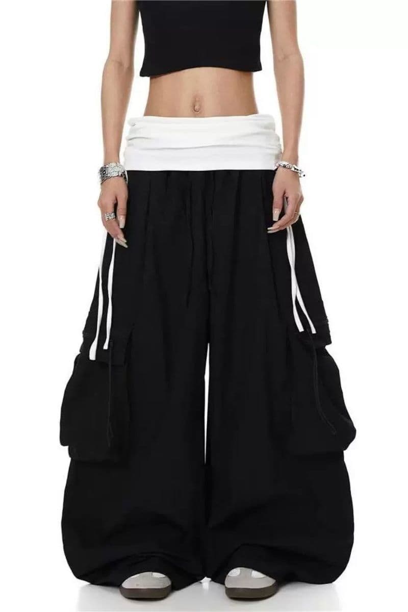 아메리칸 뒤집다 허리 패치워크 펌프 Pleat 디자인 센스 낙하산 병 워크웨어 팬츠 남녀 봄 가을 재즈 춤추기 와이드 레그 팬츠 캐주얼 바지 상세 이미지 4