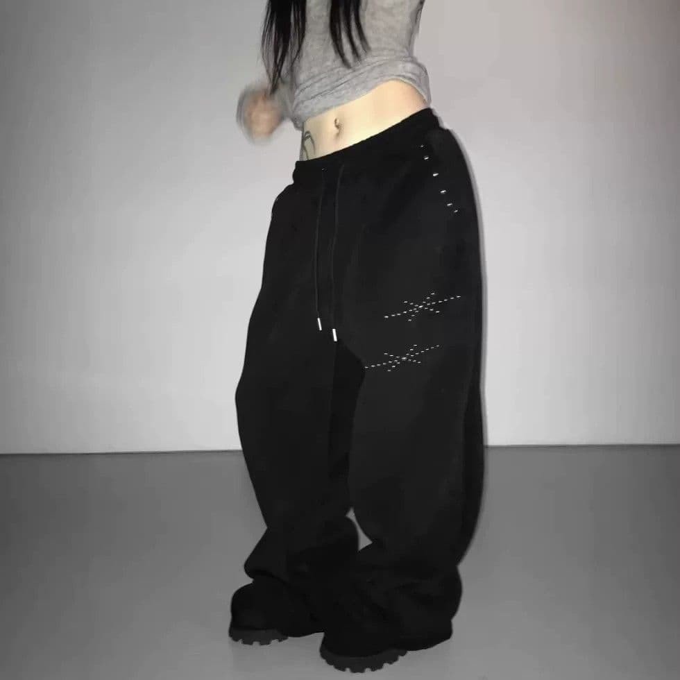 유럽과 미국 거리 레이스업 캐주얼 바지 y2k 레트로 하라주쿠 핫픽스 스트레이트 팬츠 하이웨이스트 웃음 하 운동 바지 여성 이미지 2