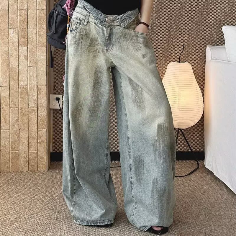 작은 키 레트로 워싱 노란 진흙 블루 마 오래된 청바지 여성 루즈핏 도루 센스 거친 가장자리 디자인 레트로 넓은 다리 길이 바지 상세 이미지 5