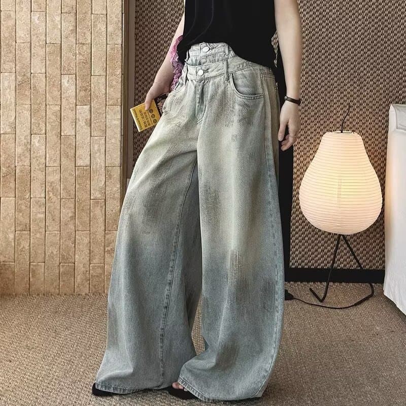 작은 키 레트로 워싱 노란 진흙 블루 마 오래된 청바지 여성 루즈핏 도루 센스 거친 가장자리 디자인 레트로 넓은 다리 길이 바지 상세 이미지 7