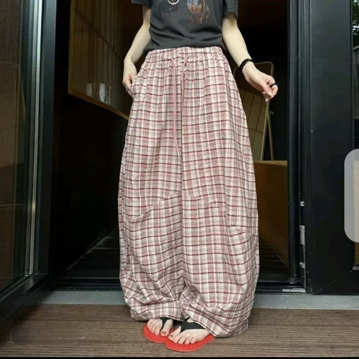 한 부서 질감 체크무늬 모통이 칼 와이드 레그 팬츠 밴딩 펌프 로프 통기성 면 린넨 슬림해 보이는 큰 진자 캐주얼 긴 바지 상세 이미지 4