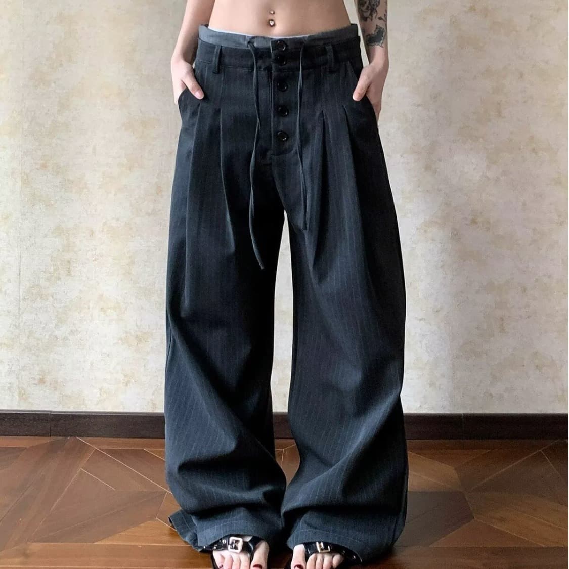 한국 스타일 새로운 레트로 세로 줄무늬 도루 센스 스트레이트 슬랙스 여성 아메리칸 루즈핏 센스 고급 센스 바지 아이들 이미지 3