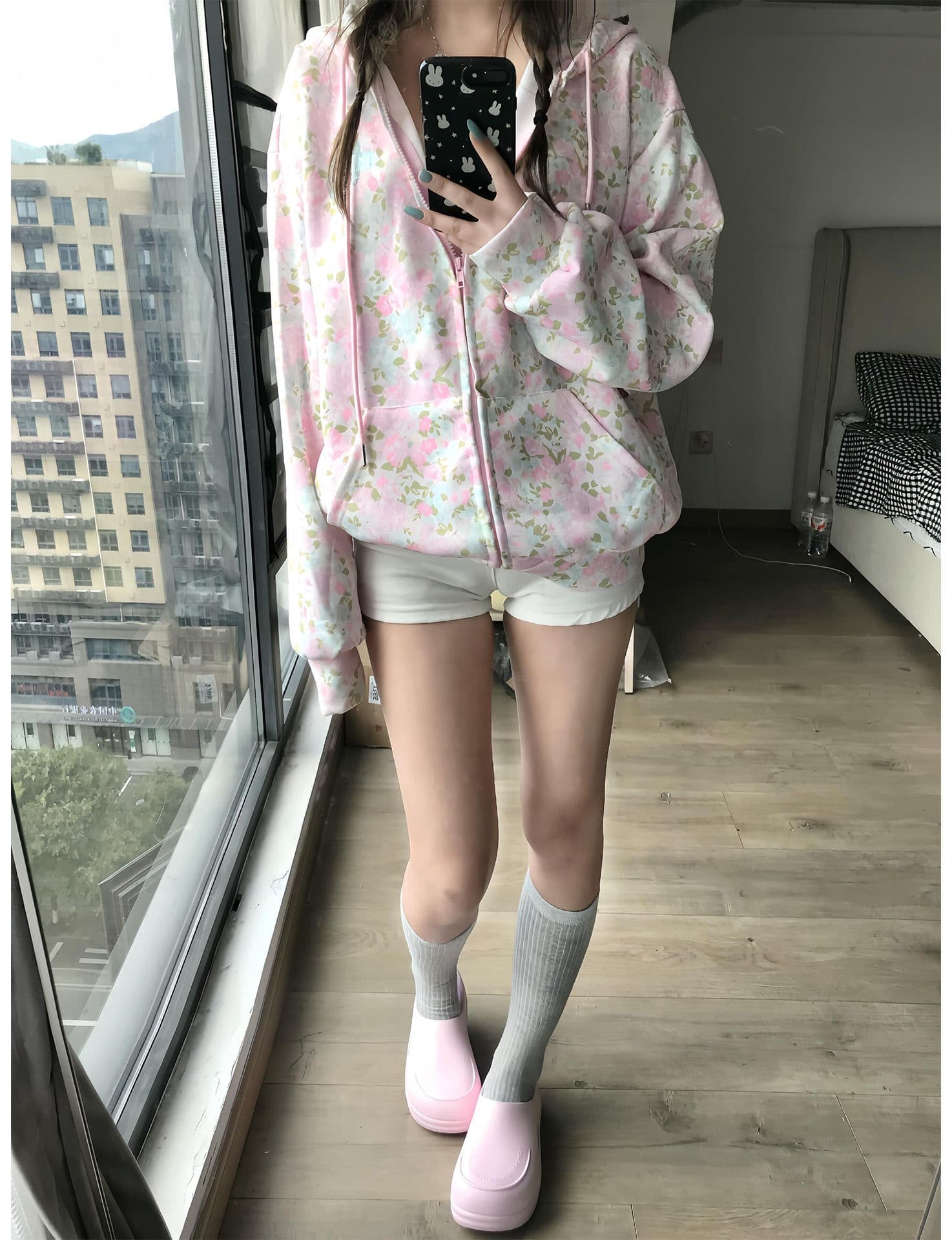 얇은 스타일 밑단 리브 이후 패키지 칼라 순수한 Mianhua 면 복합 후드티 여성 상세 이미지 3