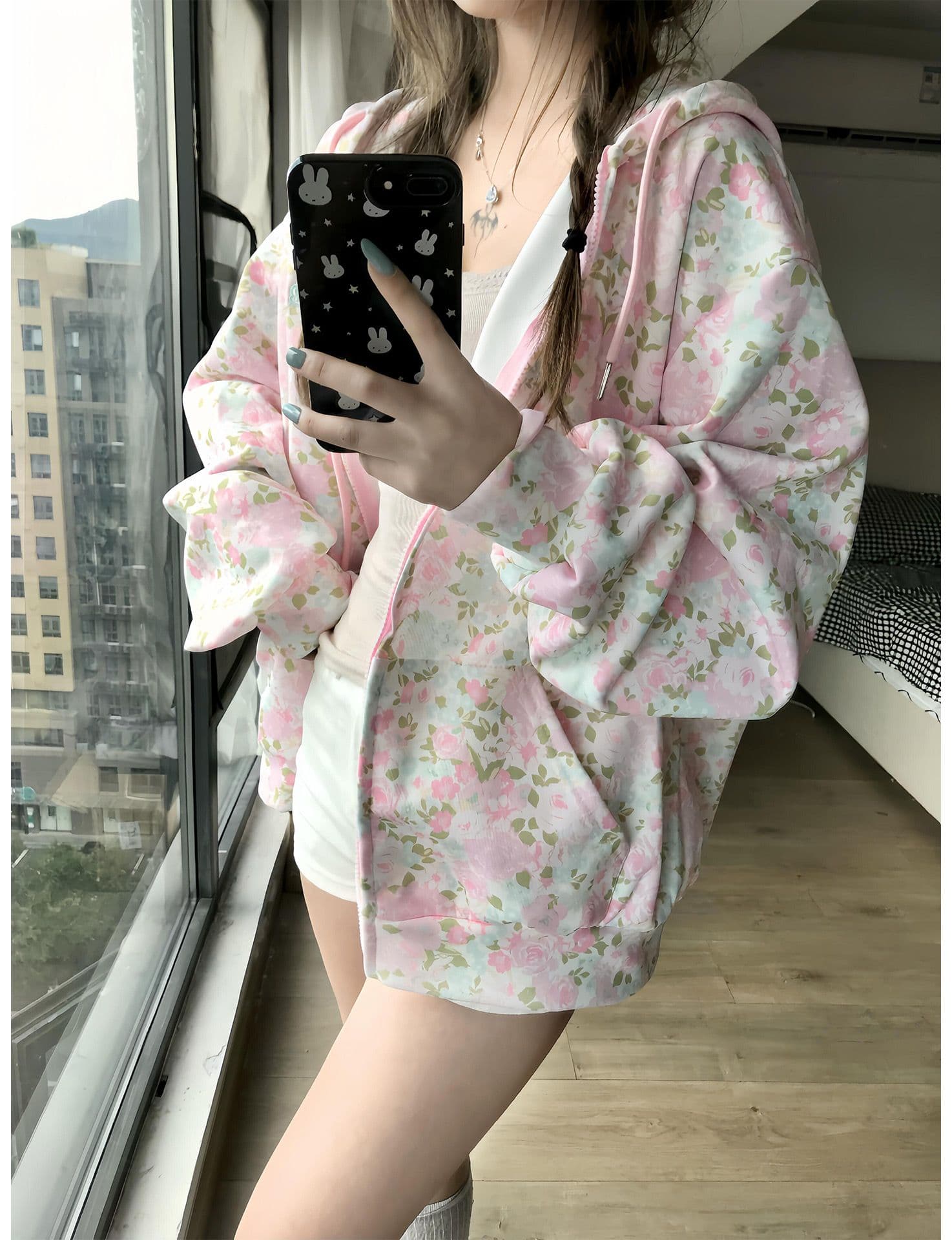 얇은 스타일 밑단 리브 이후 패키지 칼라 순수한 Mianhua 면 복합 후드티 여성 상세 이미지 5