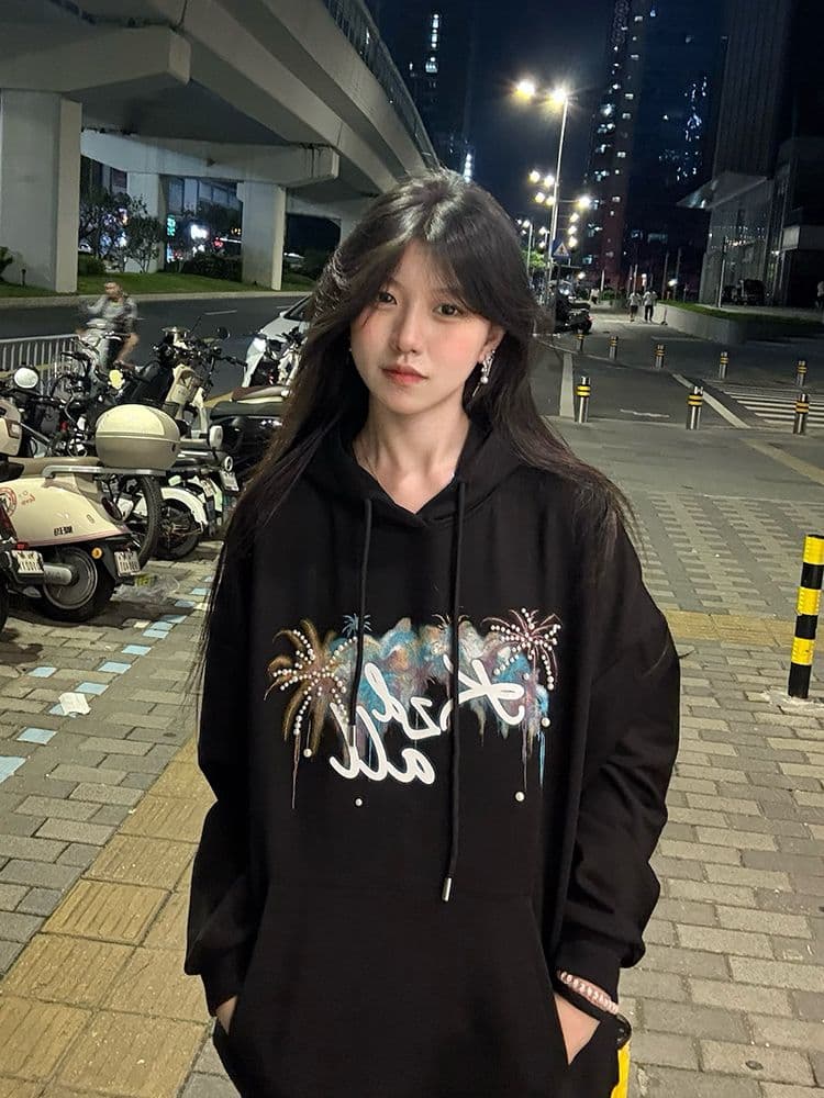 얇은 스타일 털이 있는 비즈 박기 프린트 이후 패키지 칼라 순수한 Mianhua 면 복합 후드티 여성 상세 이미지 2