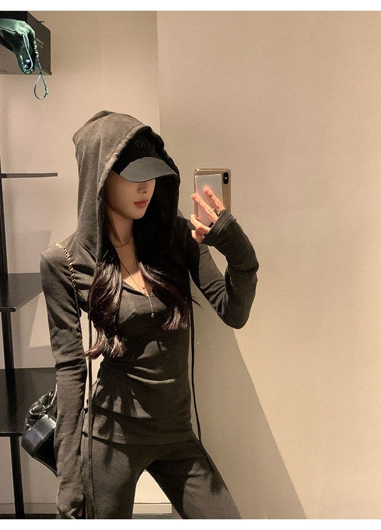 어두운 회색 부드러운 찹쌀 긴팔 후드 맨위 여성 봄 가을 착용 가져 가라. 캐주얼 몸매 가꾸기 마이크로 나팔 긴 바지 투피스 슈트 트렌디 상세 이미지 8