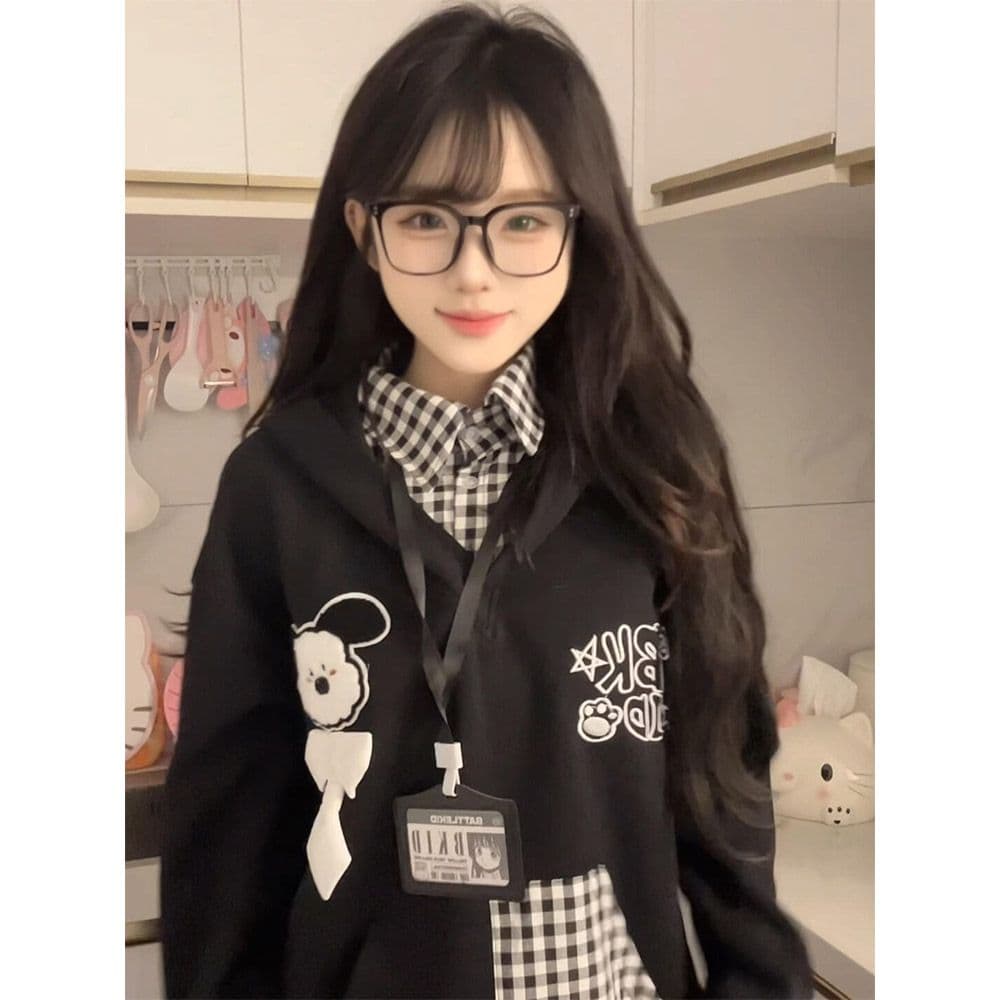 얇은 스타일 자수 광저우 체크무늬 학교 카드 순수한 Mianhua 면 복합 후드티 여성