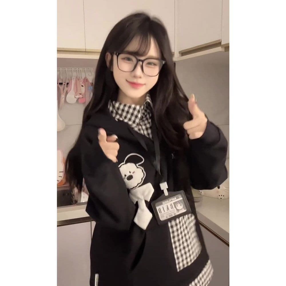 얇은 스타일 자수 광저우 체크무늬 학교 카드 순수한 Mianhua 면 복합 후드티 여성 이미지 2