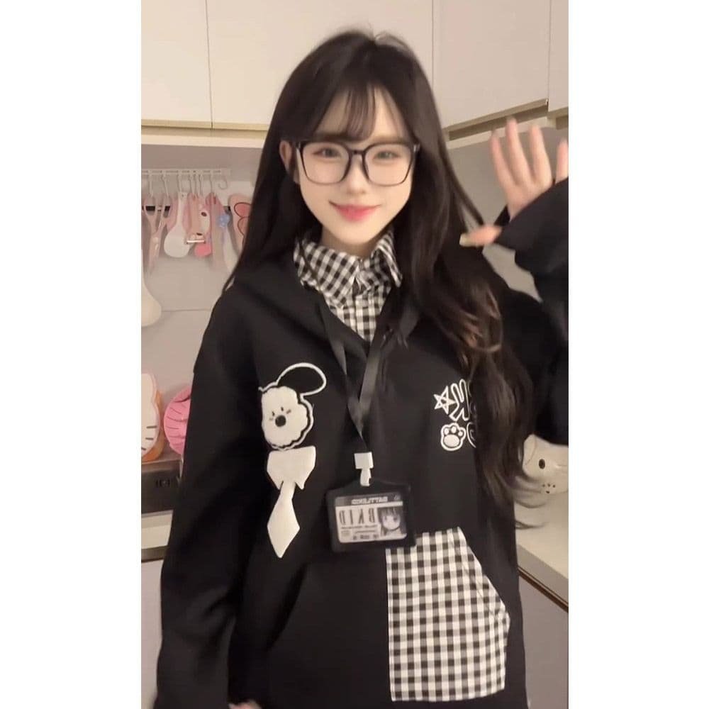 얇은 스타일 자수 광저우 체크무늬 학교 카드 순수한 Mianhua 면 복합 후드티 여성 이미지 3