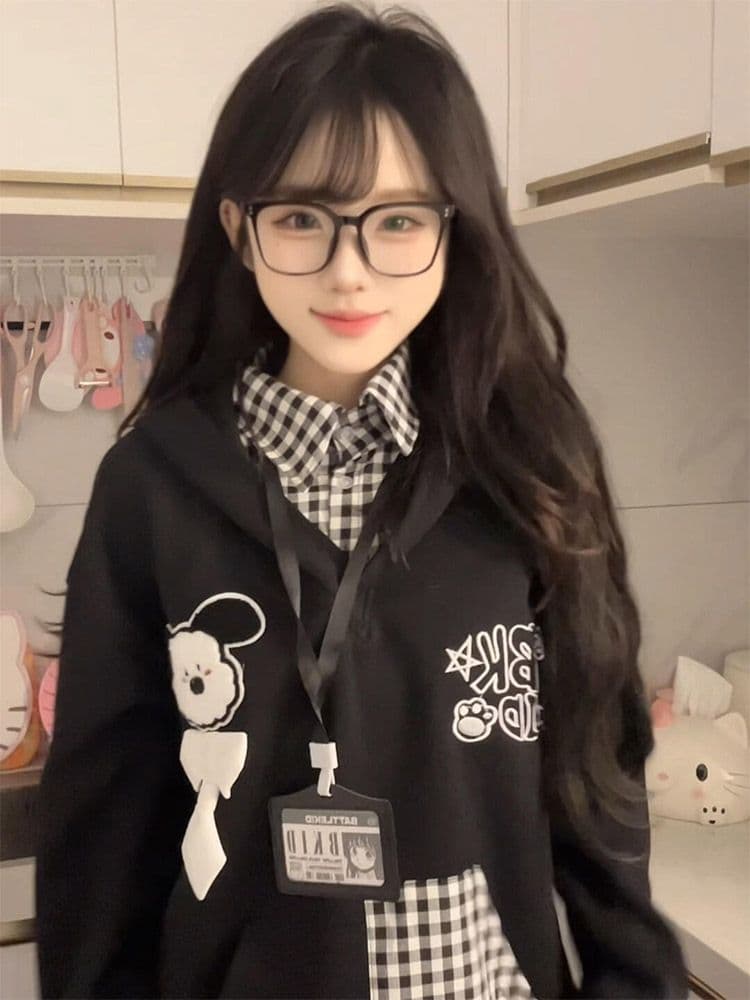 얇은 스타일 자수 광저우 체크무늬 학교 카드 순수한 Mianhua 면 복합 후드티 여성 상세 이미지 2