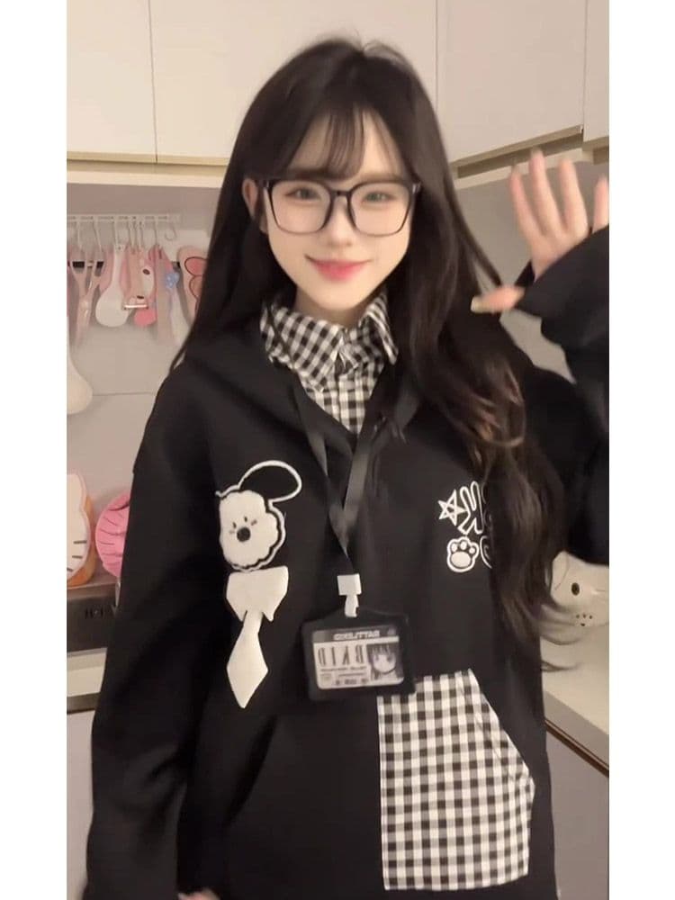 얇은 스타일 자수 광저우 체크무늬 학교 카드 순수한 Mianhua 면 복합 후드티 여성 상세 이미지 4