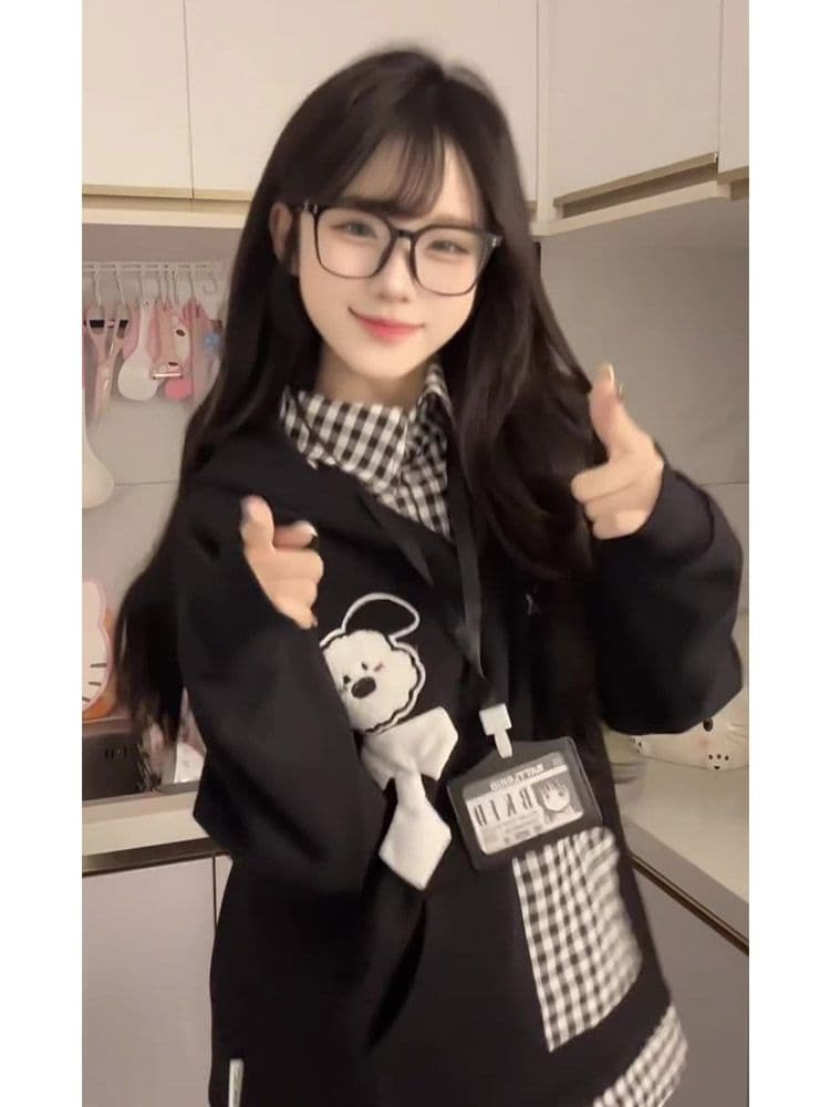 얇은 스타일 자수 광저우 체크무늬 학교 카드 순수한 Mianhua 면 복합 후드티 여성 상세 이미지 5