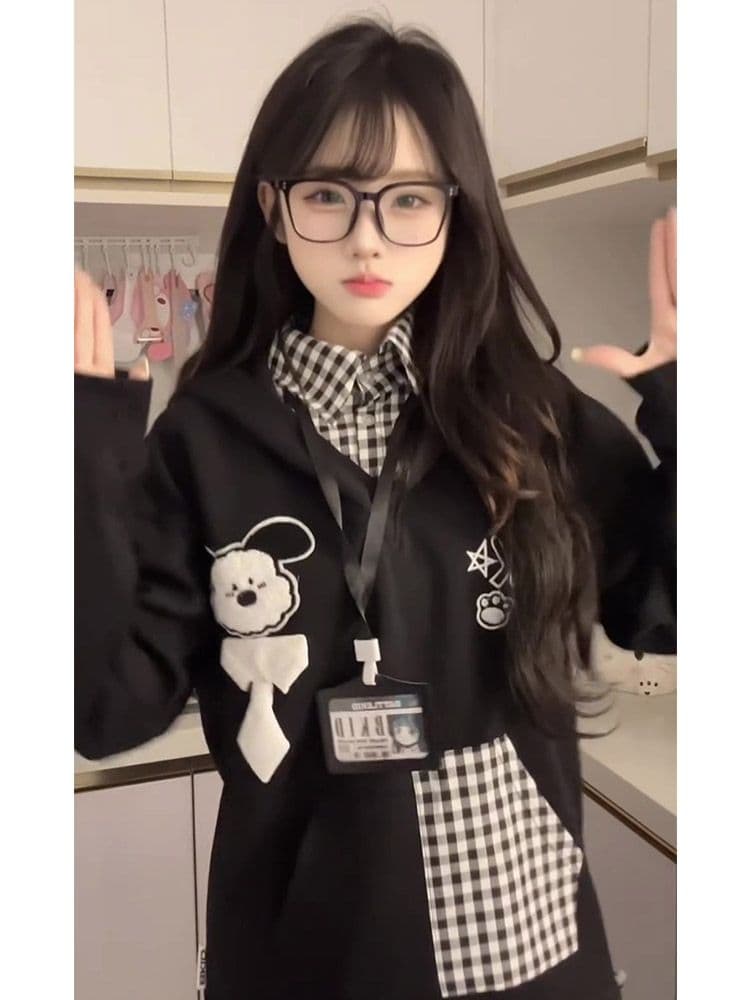 얇은 스타일 자수 광저우 체크무늬 학교 카드 순수한 Mianhua 면 복합 후드티 여성 상세 이미지 6