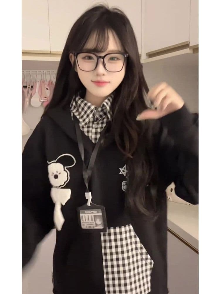 얇은 스타일 자수 광저우 체크무늬 학교 카드 순수한 Mianhua 면 복합 후드티 여성 상세 이미지 7