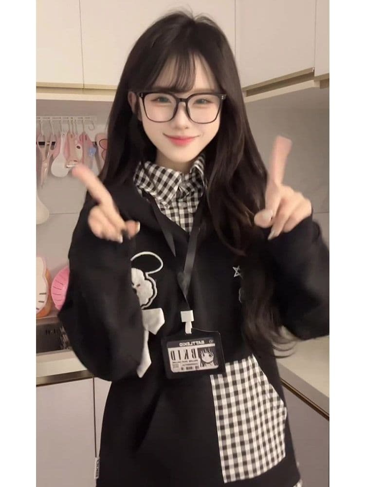 얇은 스타일 자수 광저우 체크무늬 학교 카드 순수한 Mianhua 면 복합 후드티 여성 상세 이미지 8