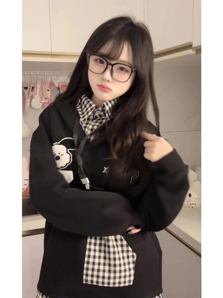 얇은 스타일 자수 광저우 체크무늬 학교 카드 순수한 Mianhua 면 복합 후드티 여성 상세 이미지 9