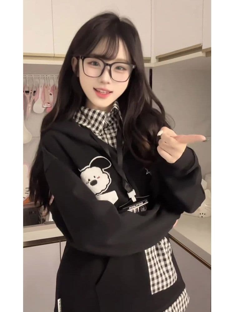 얇은 스타일 자수 광저우 체크무늬 학교 카드 순수한 Mianhua 면 복합 후드티 여성 상세 이미지 10