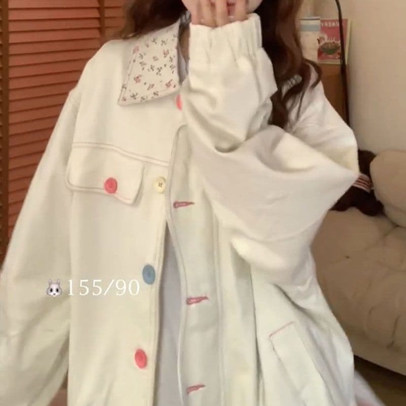 인터넷 유명인 느긋한 바람 색상 버클 폴로 칼라 꽃무늬 패치워크 루즈핏 신선함 달콤함 재킷 여성 코트 상세 이미지 3