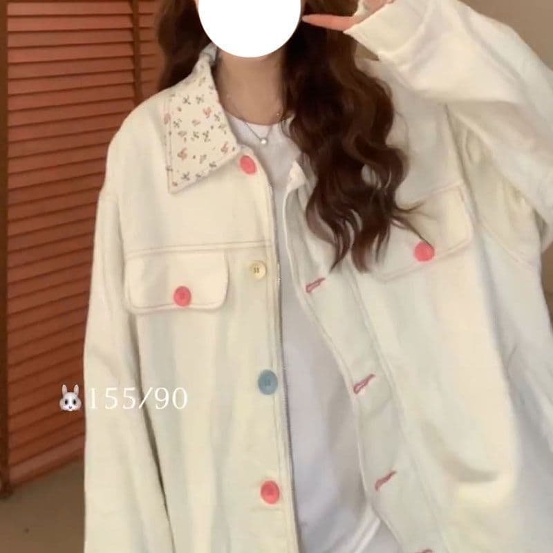 인터넷 유명인 느긋한 바람 색상 버클 폴로 칼라 꽃무늬 패치워크 루즈핏 신선함 달콤함 재킷 여성 코트 상세 이미지 4