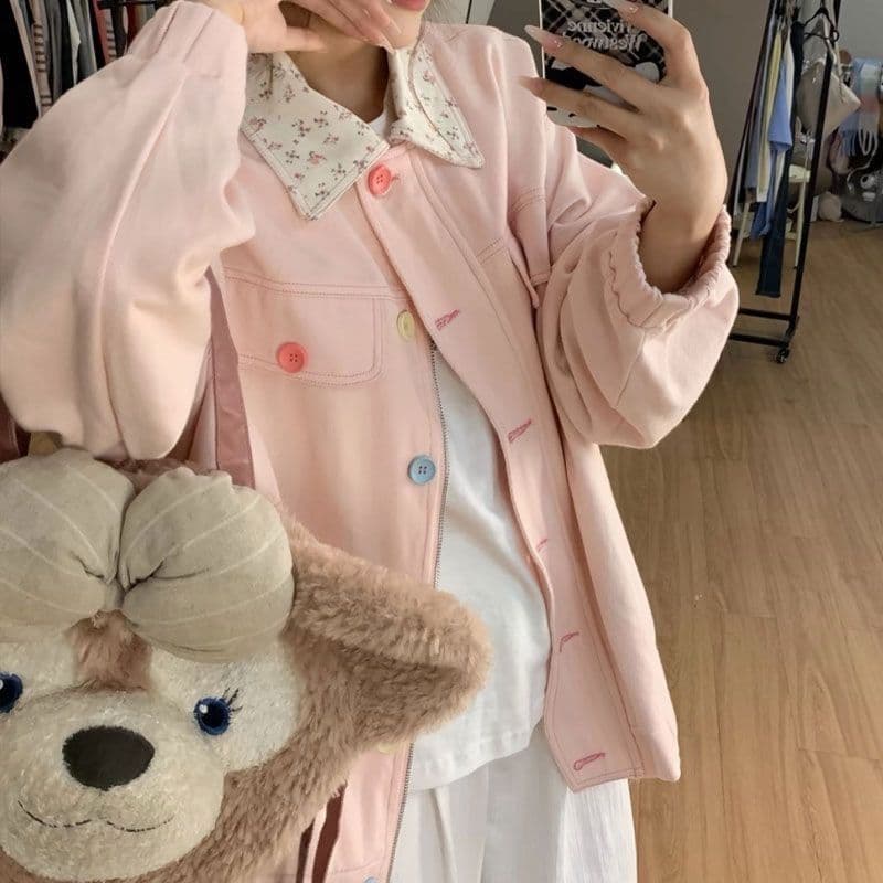 인터넷 유명인 느긋한 바람 색상 버클 폴로 칼라 꽃무늬 패치워크 루즈핏 신선함 달콤함 재킷 여성 코트 상세 이미지 5