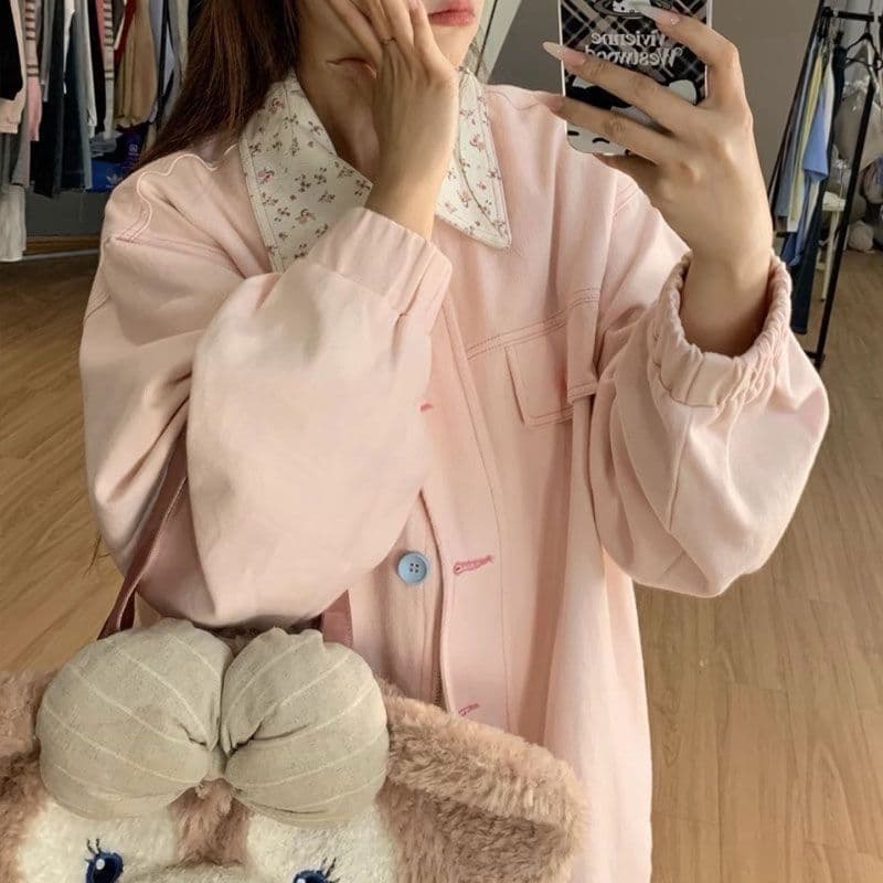 인터넷 유명인 느긋한 바람 색상 버클 폴로 칼라 꽃무늬 패치워크 루즈핏 신선함 달콤함 재킷 여성 코트 상세 이미지 6