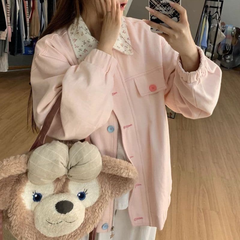 인터넷 유명인 느긋한 바람 색상 버클 폴로 칼라 꽃무늬 패치워크 루즈핏 신선함 달콤함 재킷 여성 코트 상세 이미지 7