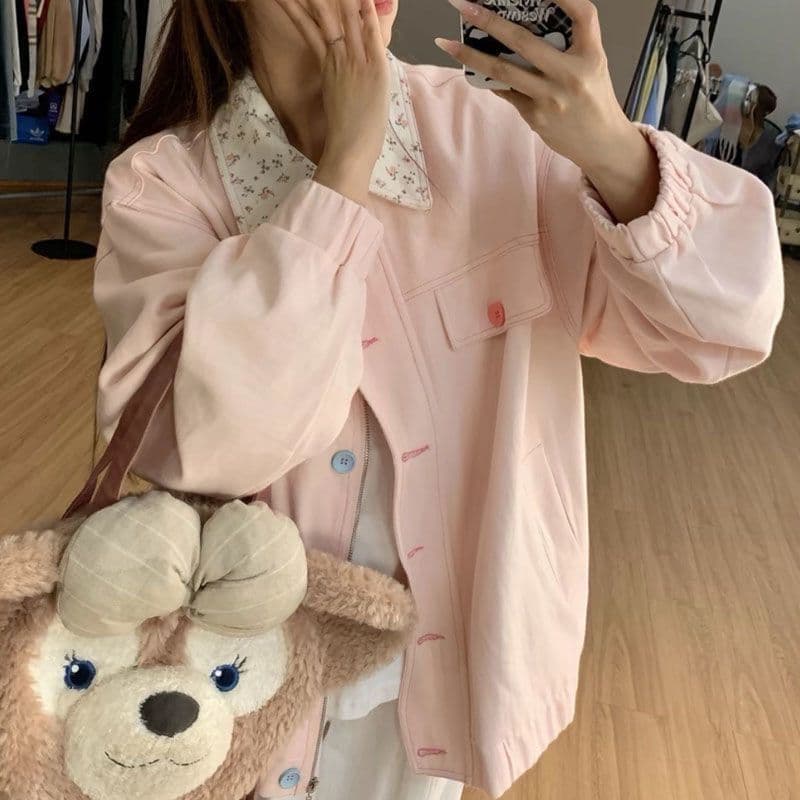 인터넷 유명인 느긋한 바람 색상 버클 폴로 칼라 꽃무늬 패치워크 루즈핏 신선함 달콤함 재킷 여성 코트 상세 이미지 8