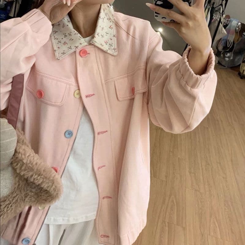 인터넷 유명인 느긋한 바람 색상 버클 폴로 칼라 꽃무늬 패치워크 루즈핏 신선함 달콤함 재킷 여성 코트 상세 이미지 10