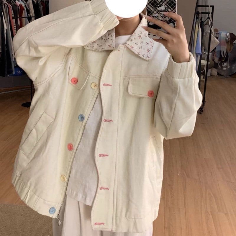 인터넷 유명인 느긋한 바람 색상 버클 폴로 칼라 꽃무늬 패치워크 루즈핏 신선함 달콤함 재킷 여성 코트 상세 이미지 11
