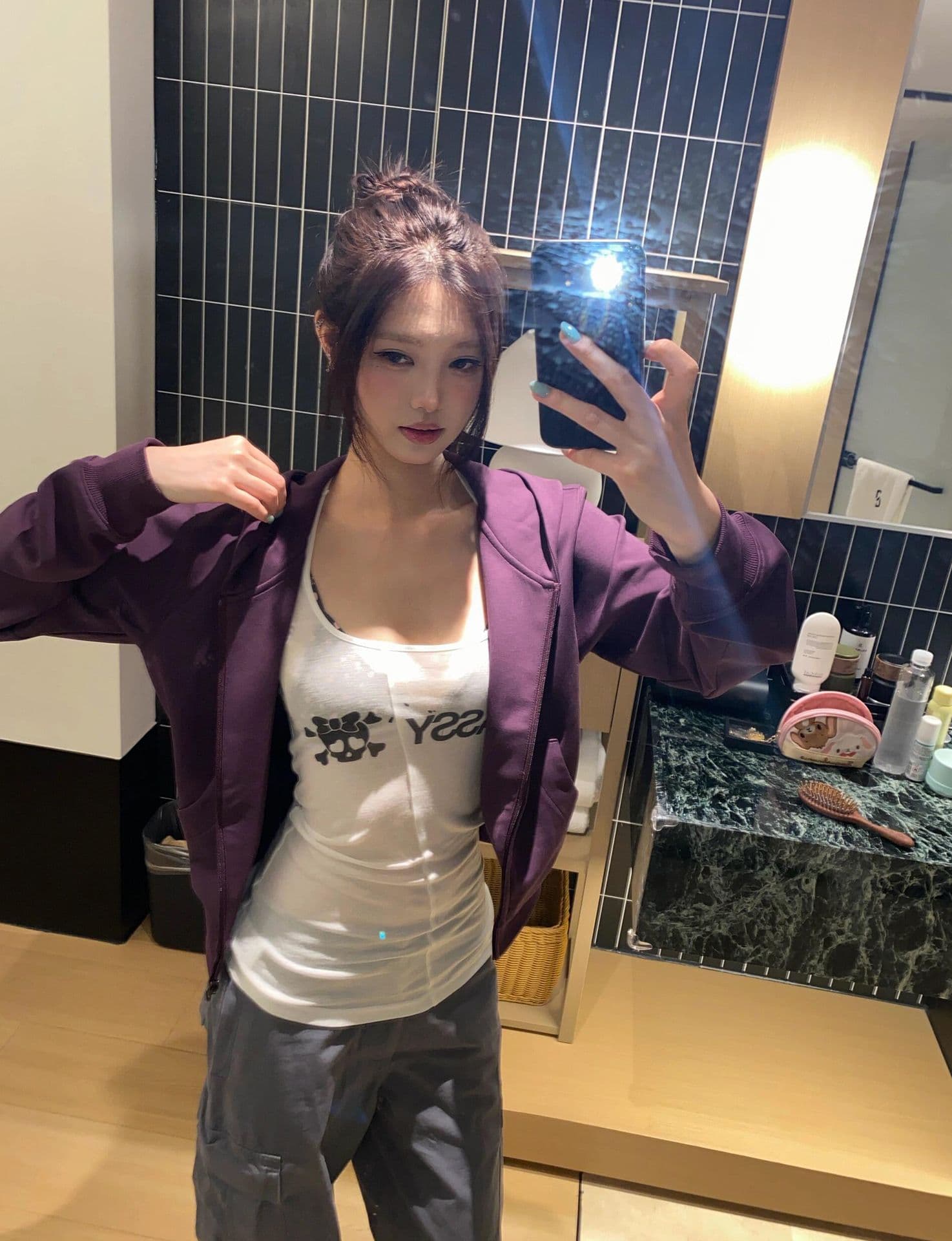 얇은 스타일 자수 소매 구멍 압력 라인 원본 천 인사이드 펌프 이후 패키지 칼라 순수한 Mianhua 면 복합 후드티 여성 상세 이미지 5