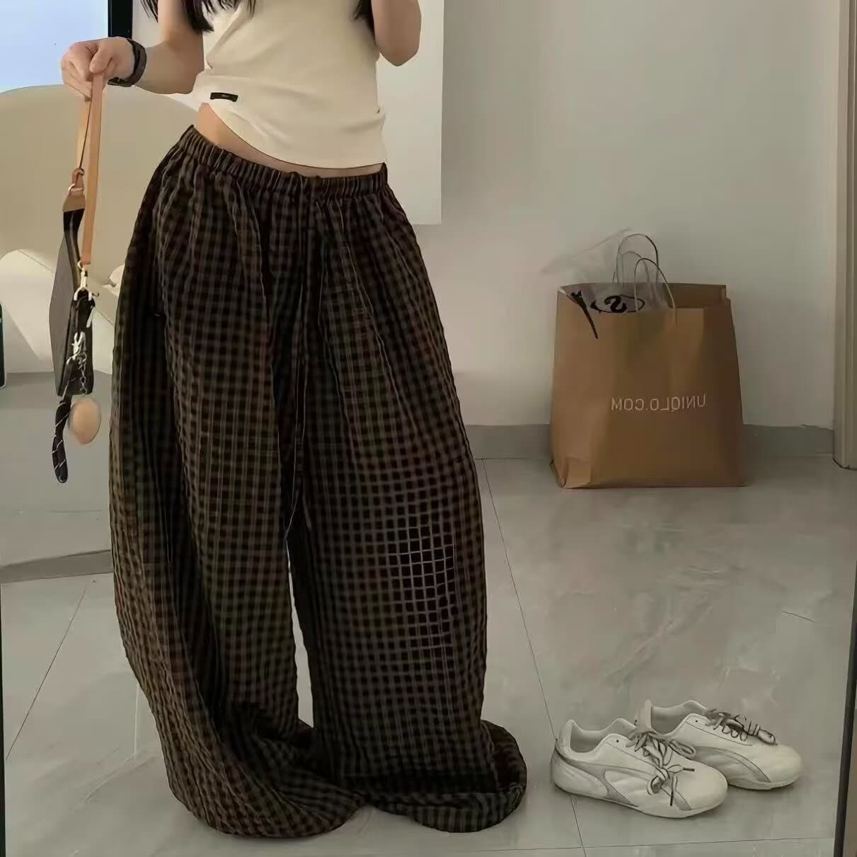 긴 바지 원본 체크 직물 복합 여름 와이드 레그 팬츠 루즈핏 홈 체크무늬 캐주얼 긴 바지 굴곡 바지 여성 상세 이미지 12