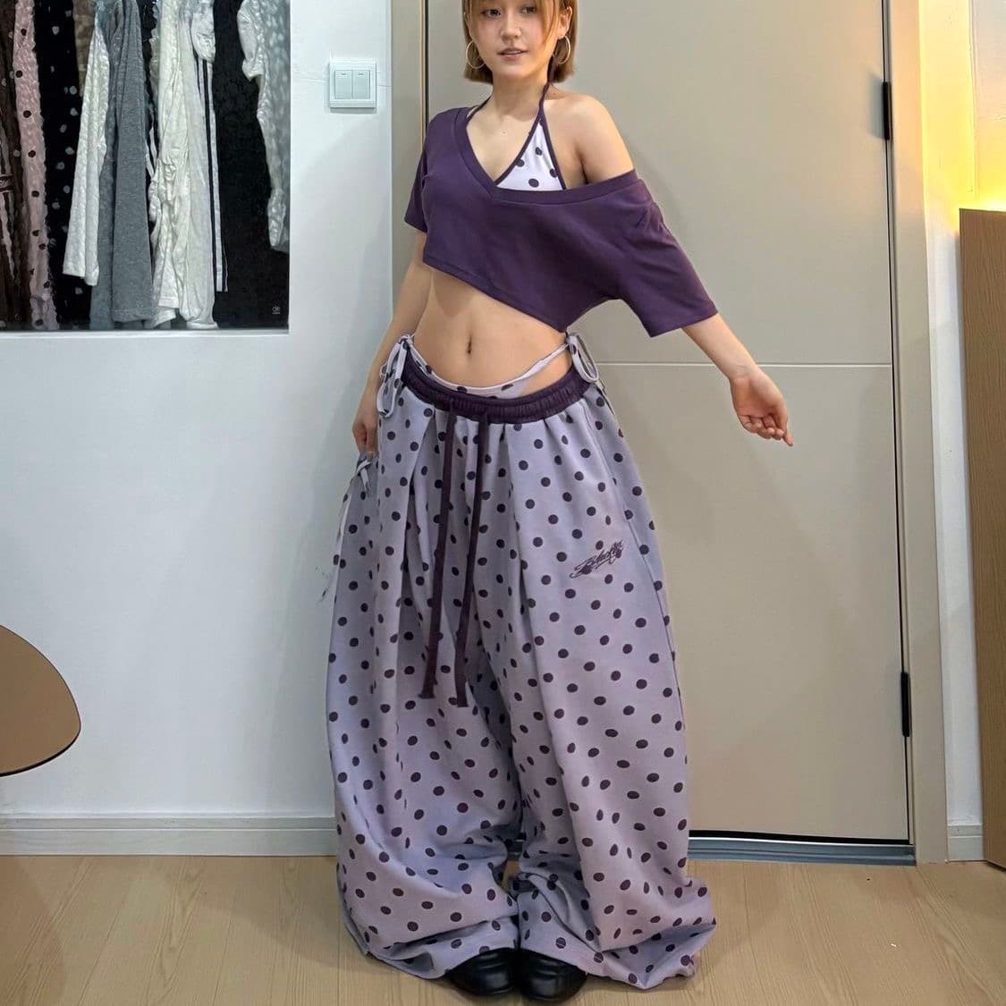 아메리칸 레트로 느긋한 루즈핏 배색 도트 무늬 운동 캐주얼 웨이 바지 캐주얼 다용도 재즈 춤추기 바닥 청소 바지 상세 이미지 5