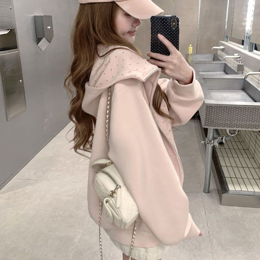 얇은 스타일 백금 지퍼 이후 패키지 칼라 순수한 Mianhua 면 복합 후드티 여성 이미지 3