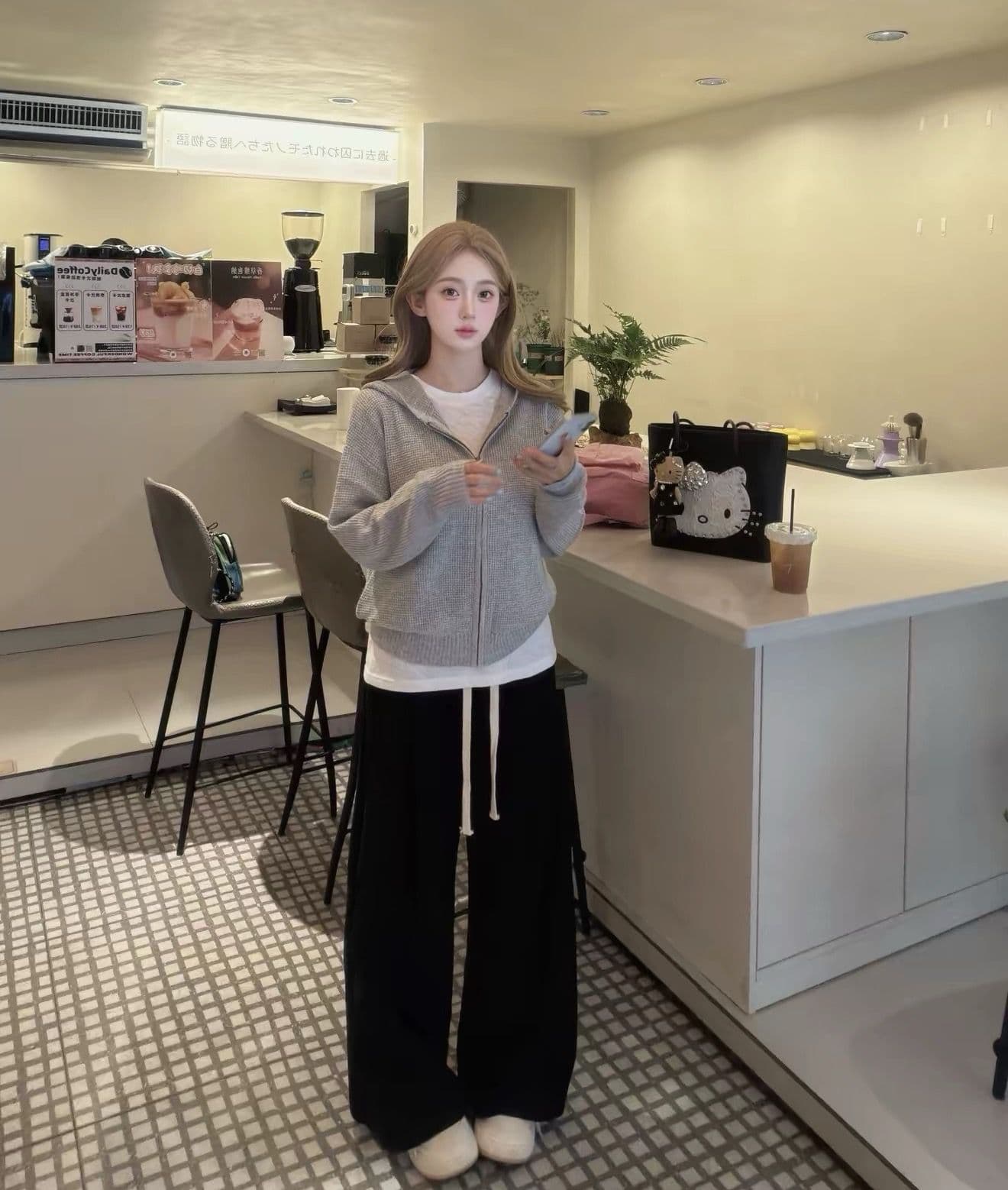 양 플러시 3 차원 후아 남편 그리드 후드 오픈 가디건 여성 레저 다용도 양모 재킷 상세 이미지 2