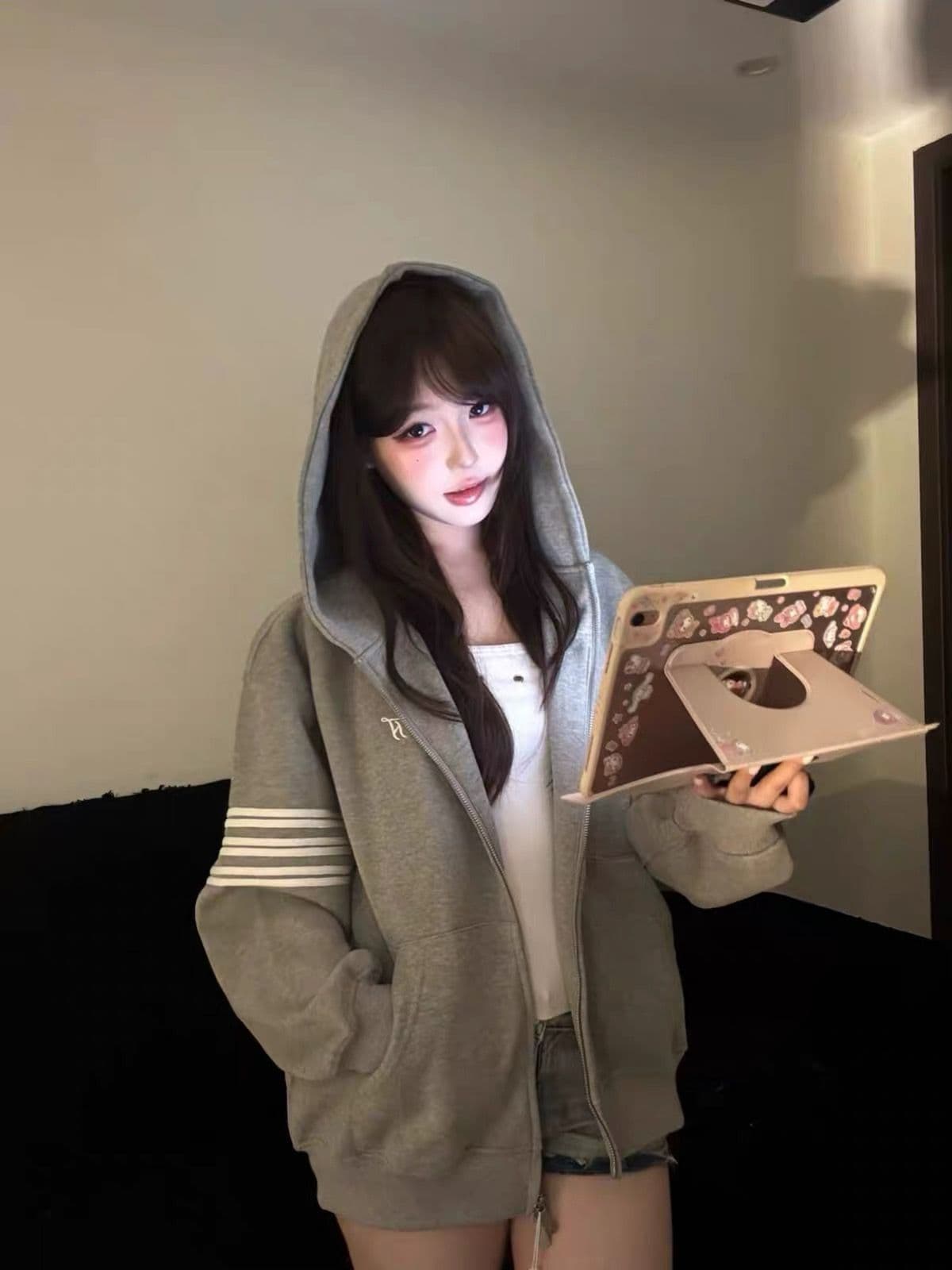 얇은 스타일 백금 지퍼 이후 패키지 칼라 순수한 Mianhua 면 복합 후드티 여성
