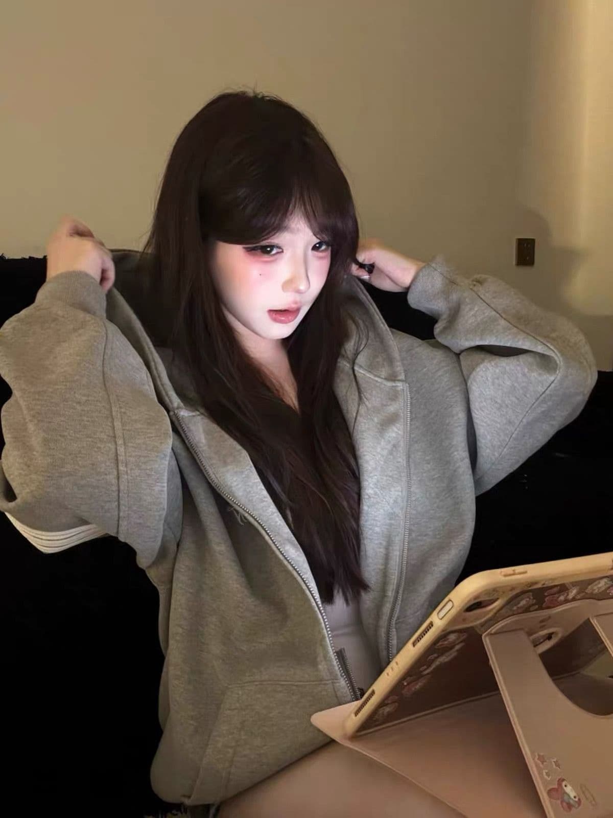 얇은 스타일 백금 지퍼 이후 패키지 칼라 순수한 Mianhua 면 복합 후드티 여성 이미지 2