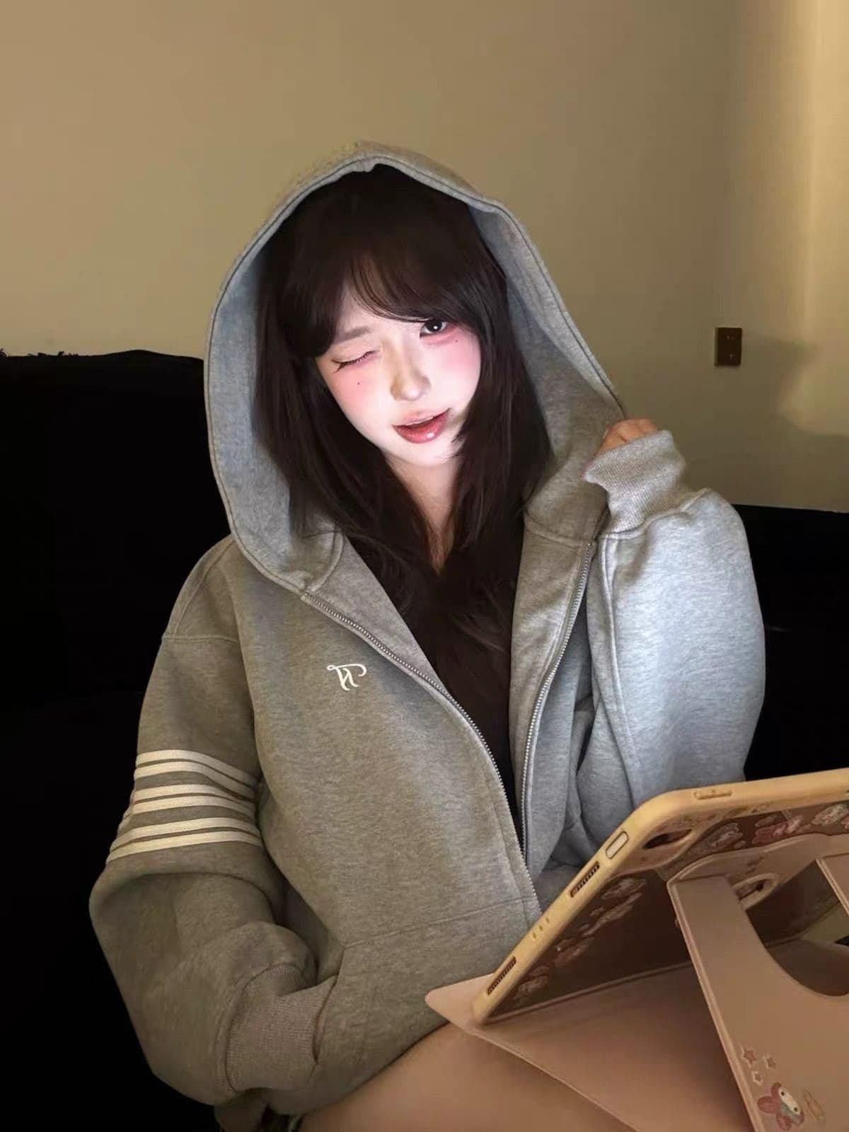 얇은 스타일 백금 지퍼 이후 패키지 칼라 순수한 Mianhua 면 복합 후드티 여성 상세 이미지 3