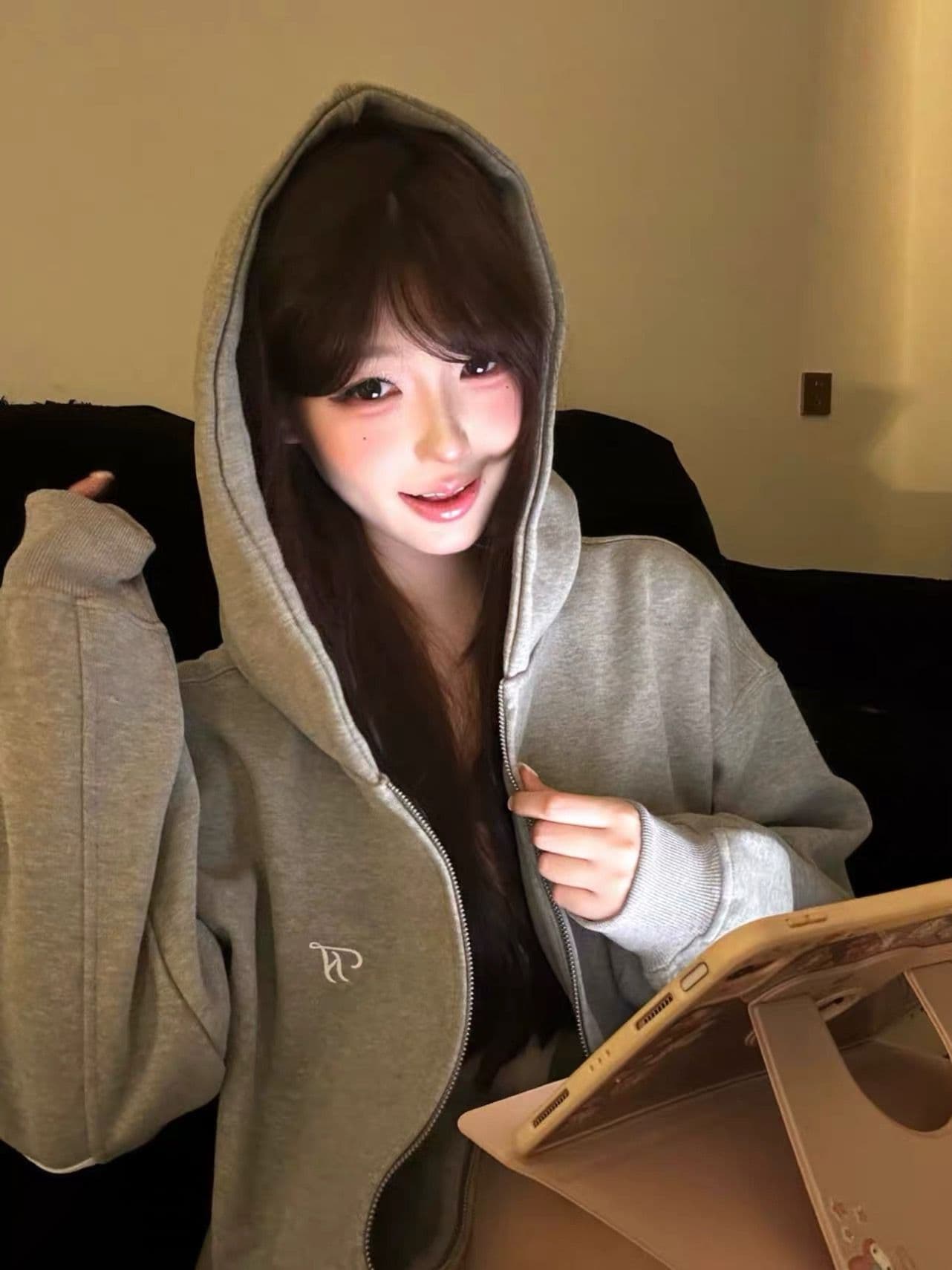 얇은 스타일 백금 지퍼 이후 패키지 칼라 순수한 Mianhua 면 복합 후드티 여성 상세 이미지 7