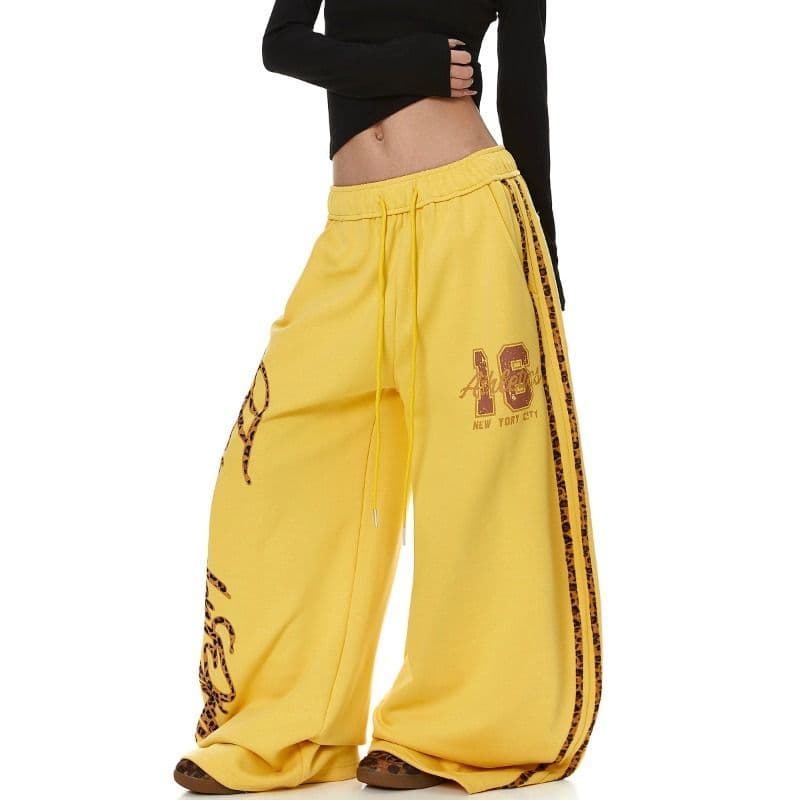bs-3xl 원본 순수한 Mianhua 면 복합 레오파드 무늬 알파벳 프린트 당겨서 바 모통이 칼 웨이 바지 블랙 황색 이미지 2