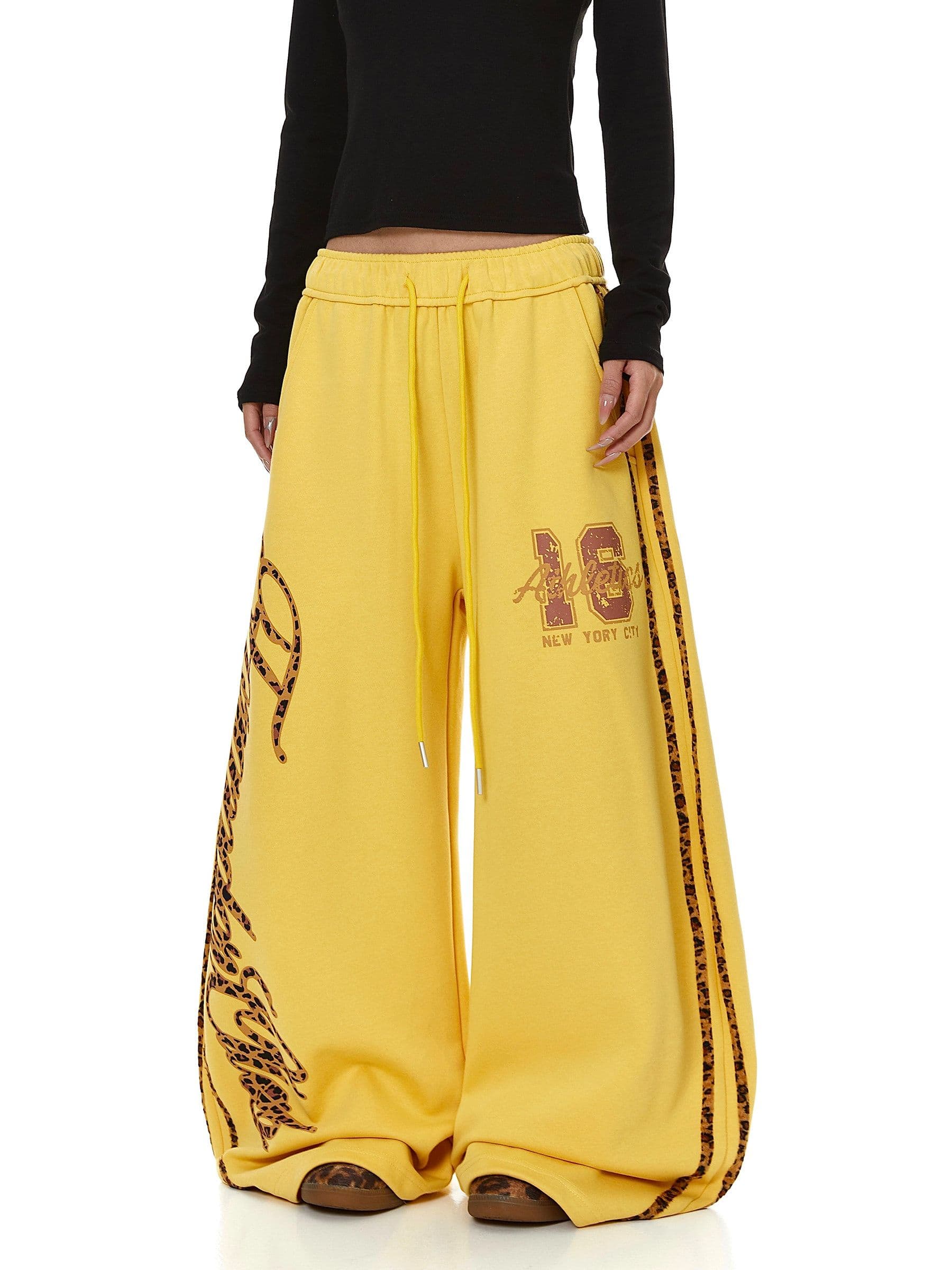 bs-3xl 원본 순수한 Mianhua 면 복합 레오파드 무늬 알파벳 프린트 당겨서 바 모통이 칼 웨이 바지 블랙 황색 상세 이미지 8