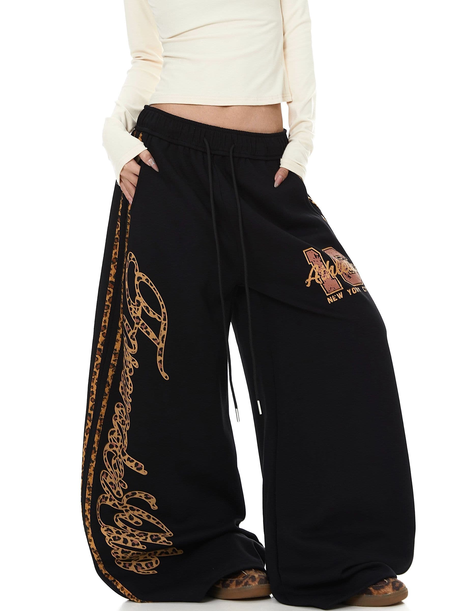 bs-3xl 원본 순수한 Mianhua 면 복합 레오파드 무늬 알파벳 프린트 당겨서 바 모통이 칼 웨이 바지 블랙 황색 상세 이미지 16