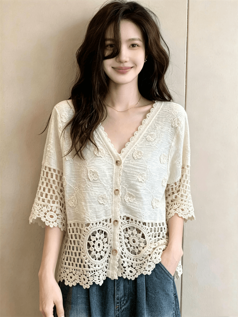 실사 빅 사이즈 프랑스식 레트로 자수 홀로우 아웃 여성 셔츠 여름 부드러운 품격 루즈핏 다용도 맨위 상세 이미지 2