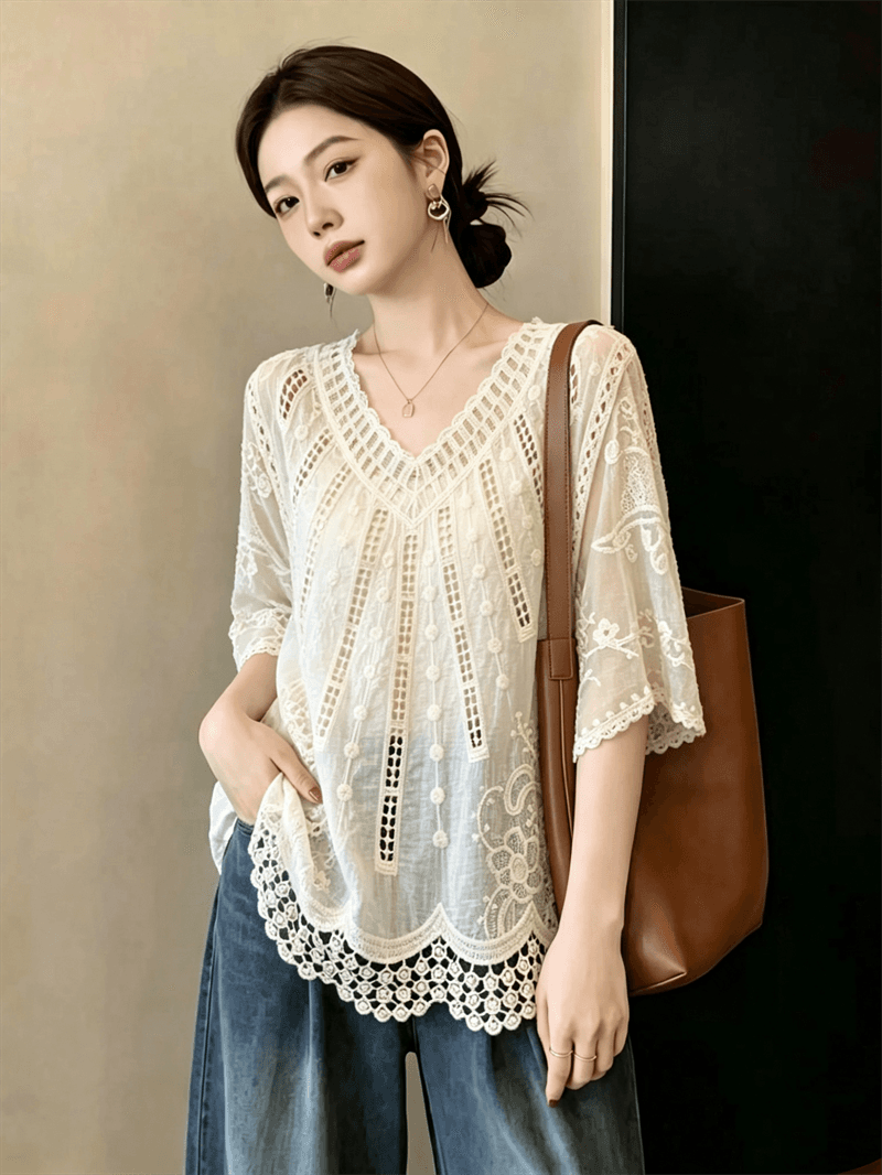 실사 빅 사이즈 프랑스식 자수 홀로우 아웃 반팔 여성 셔츠 여름 루즈핏 자이언트 잘 생긴 작은 셔츠 맨위 상세 이미지 3