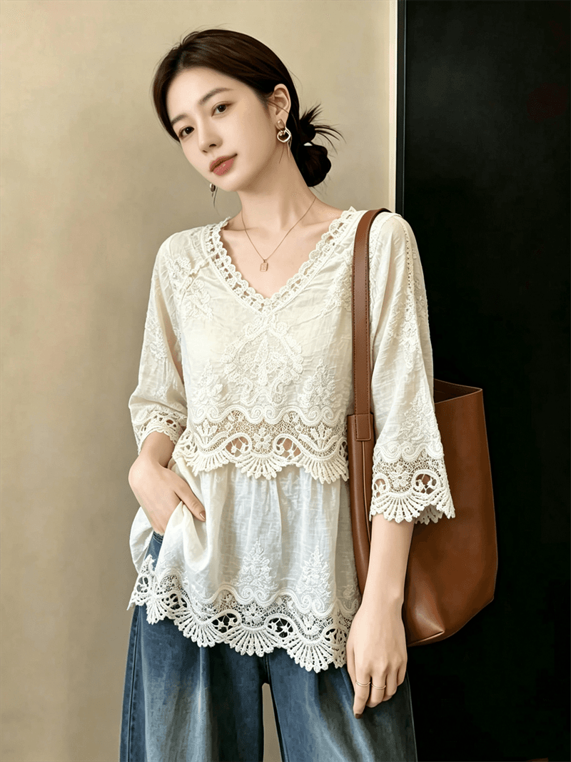실사 빅 사이즈 프랑스식 휴가 바람 레이스 자수 맨위 여성 여름 Chic 연령 감소 다용도 자외선 차단 셔츠 상세 이미지 2