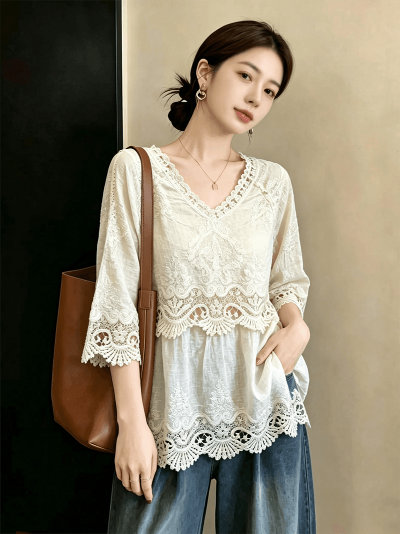 실사 빅 사이즈 프랑스식 휴가 바람 레이스 자수 맨위 여성 여름 Chic 연령 감소 다용도 자외선 차단 셔츠 상세 이미지 3