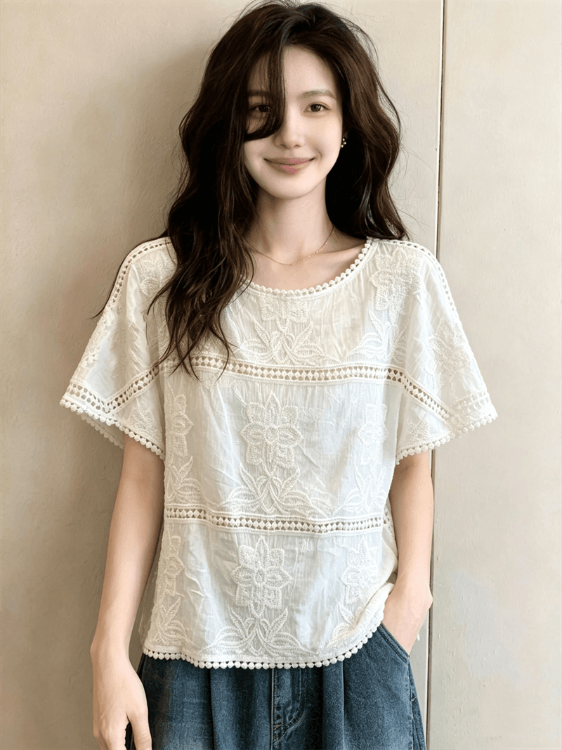 실사 빅 사이즈 프랑스식 홀로우 아웃 레이스 자수 긍정적 인 어깨 반팔 티셔츠 여성 2026 여름 새로운 루즈핏 맨위 이미지 3
