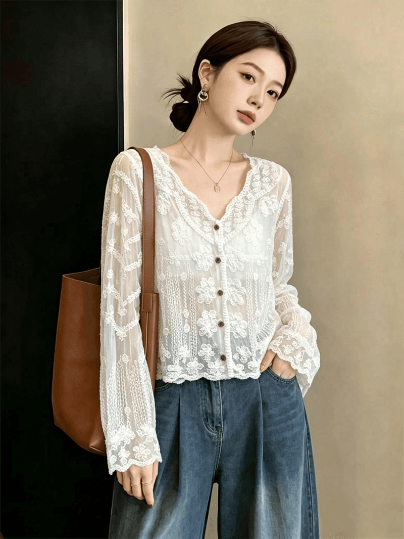 실사 정가 빅 사이즈 2026 새로운 부드러운 바람 V넥 레이스 태양 보호 셔츠 여성 외부 가져 가라. 얇은 스타일 오픈 가디건 맨위 이미지 4