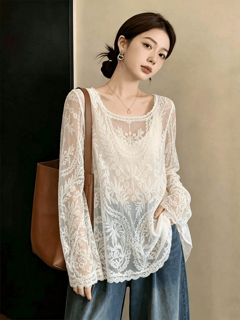 실사 빅 사이즈 2026 새로운 휴가 바람 레이스 홀로우 아웃 디자인 센스 마이크로 ~을 통해 루즈핏 다용도 블라우스 맨위 상세 이미지 4